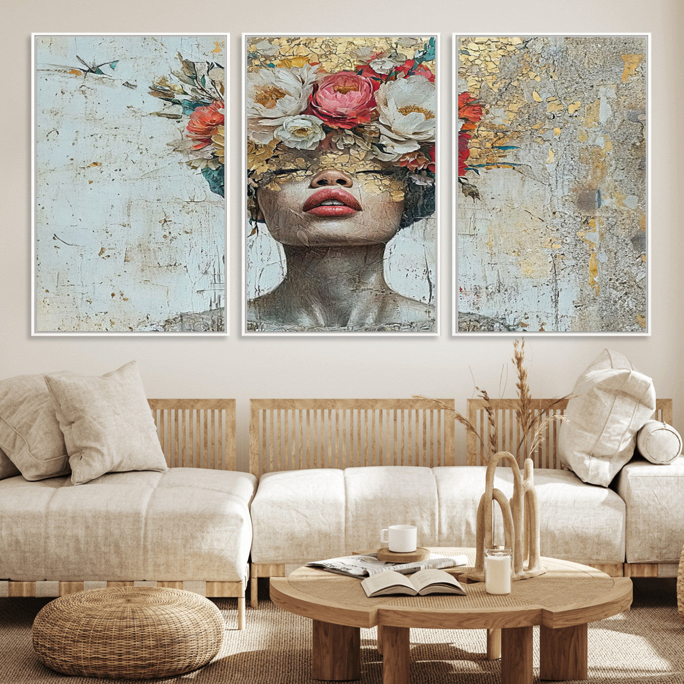 26919-MGV-FC-60X30-3P_White-Golden Petal Wall Art Canvas Print - Silhouette Woman Wall Art Canvas Print, Floral Woman Portrait