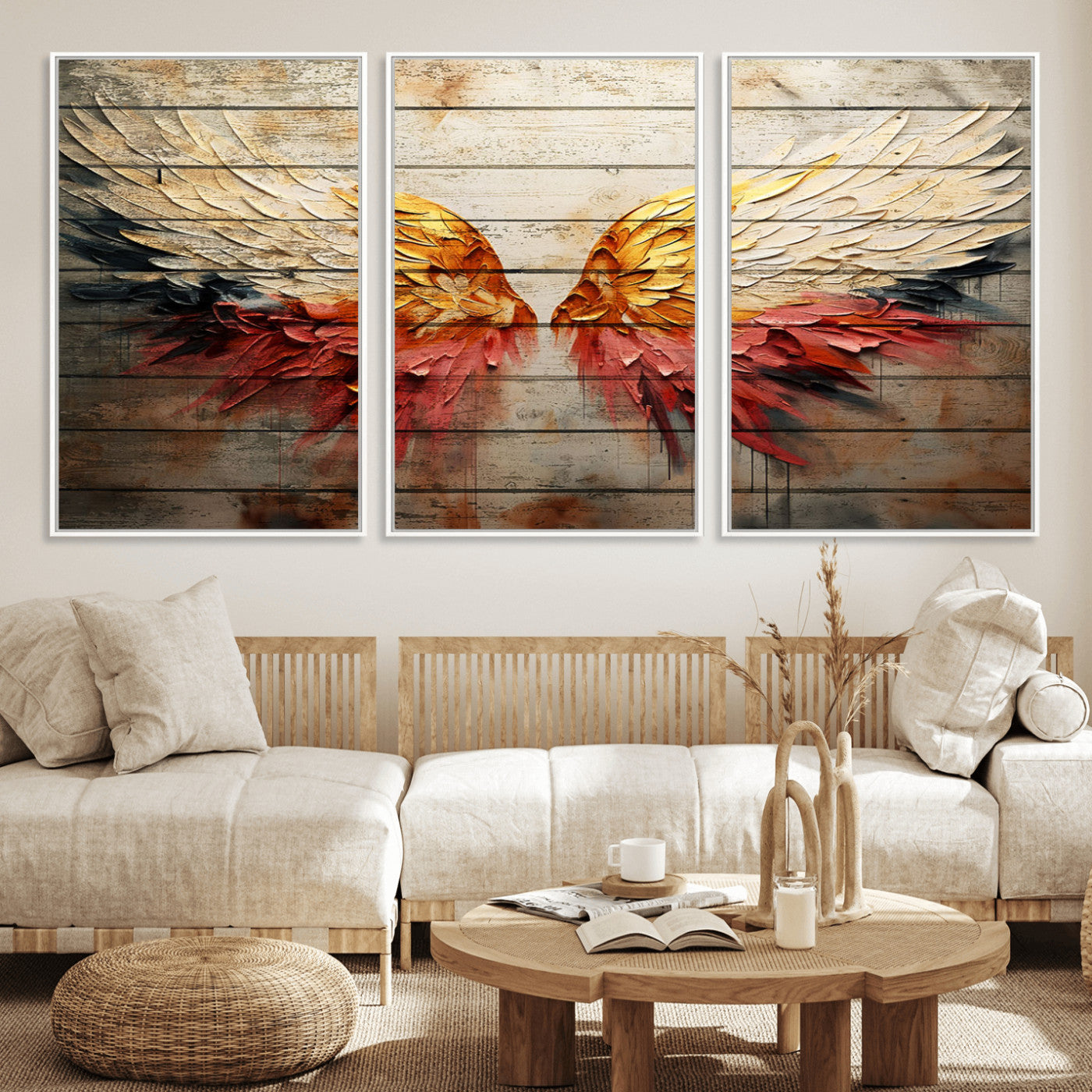 19244-MGV-FC-60X30-3P_White-Abstract Angel Wings Canvas Wall Art – Framed and Ready to Hang Modern Angelic Wings Decor for