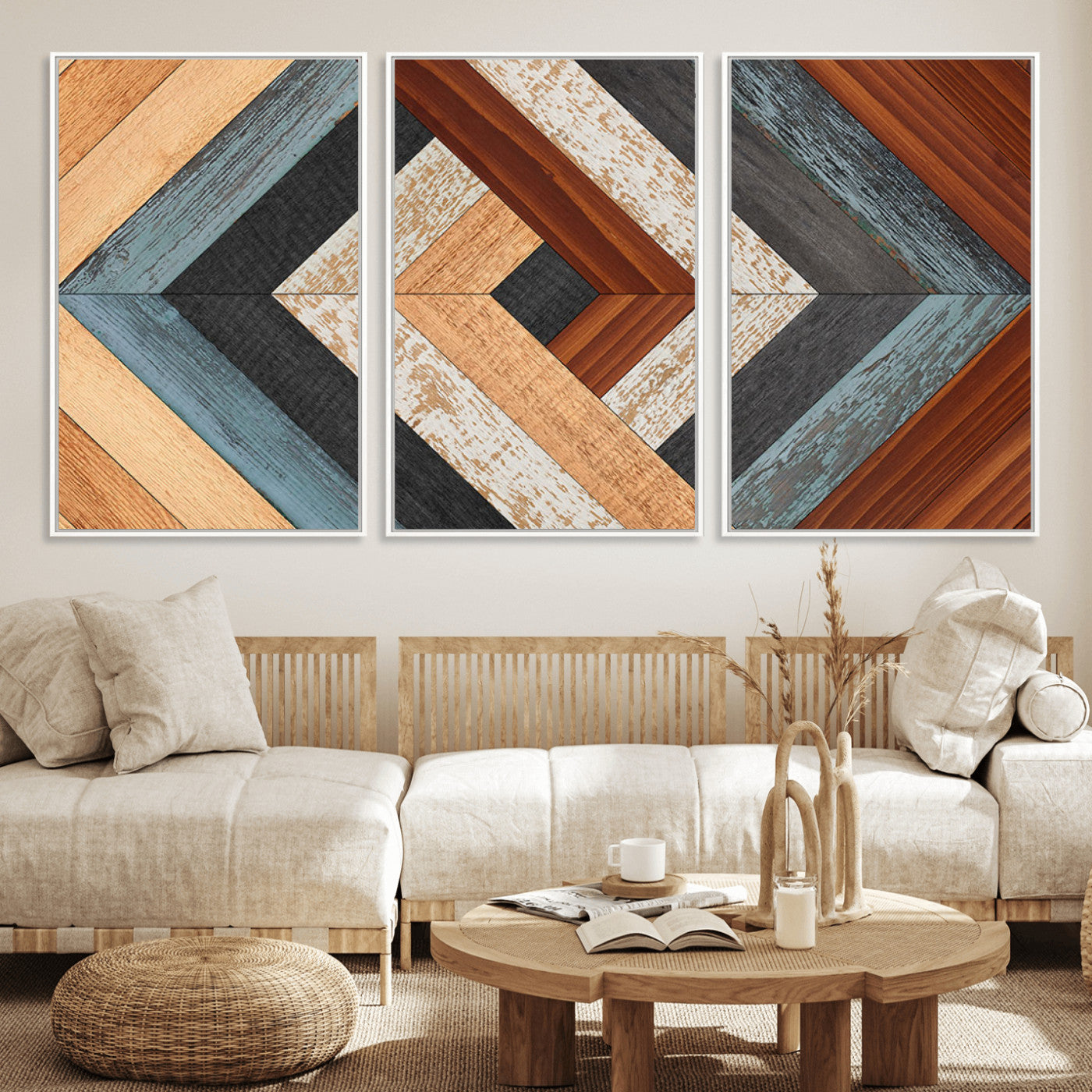 20897-MGV-FC-60X30-3P_White-Geometric Wood Art Wall Decor Canvas Print, Rustic Wooden Pattern Triptych Wall Art for Living Room