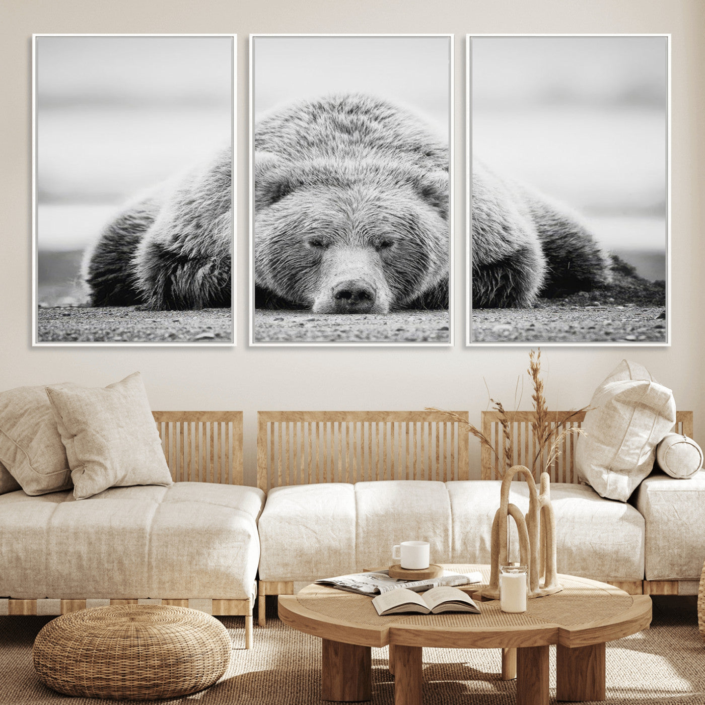 72905-MGV-FC-60X30-3P_White-Resting Grizzly Bear Wall Art Canvas Print – Majestic Lazy Black and White Wildlife Bear Art,
