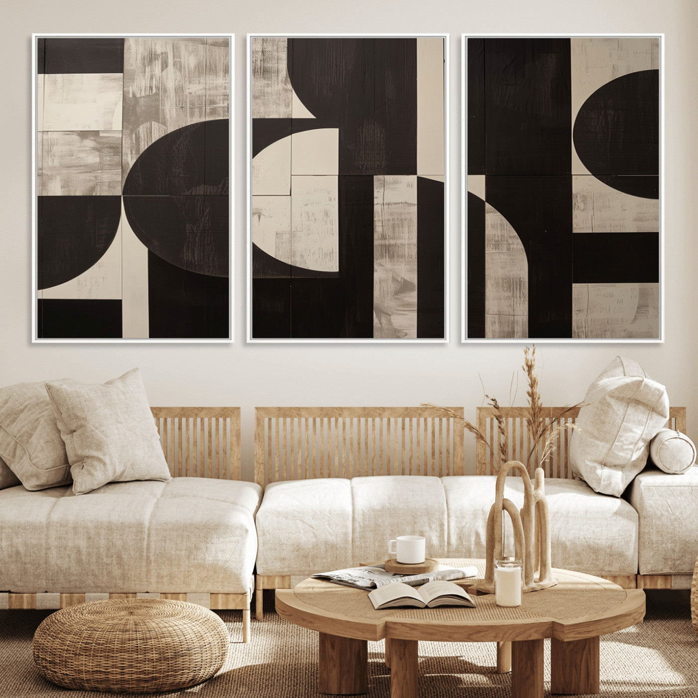 63644-MGV-FC-60X30-3P - Abstract Brown Wabi Sabi Canvas Print Set – Minimalist Mid-Century Wall Art Contemporary Artwork for Home, Office