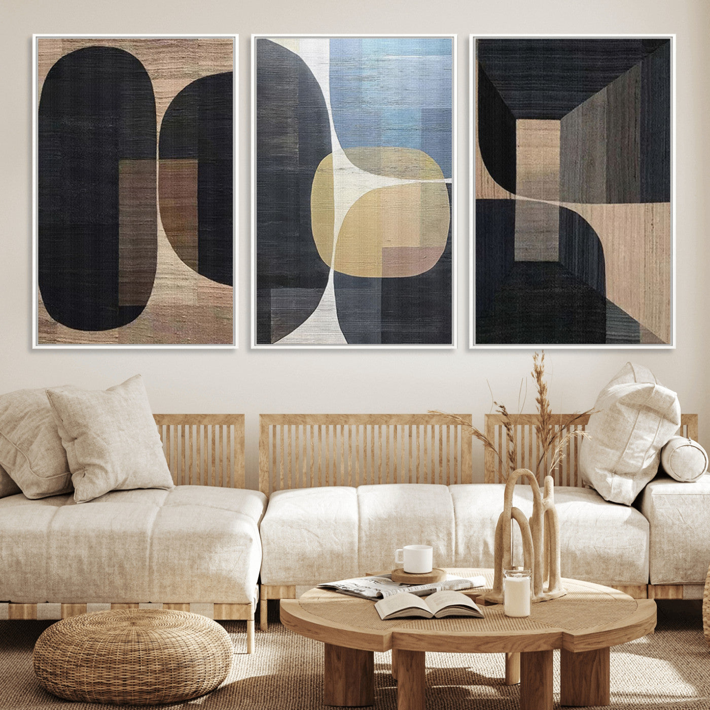 75252-MGV-FC-60X30-3P_White-Minimalist Wabi Sabi Abstract Geometric Wall Art Canvas Print – Modern Minimalist Shapes – Ready to