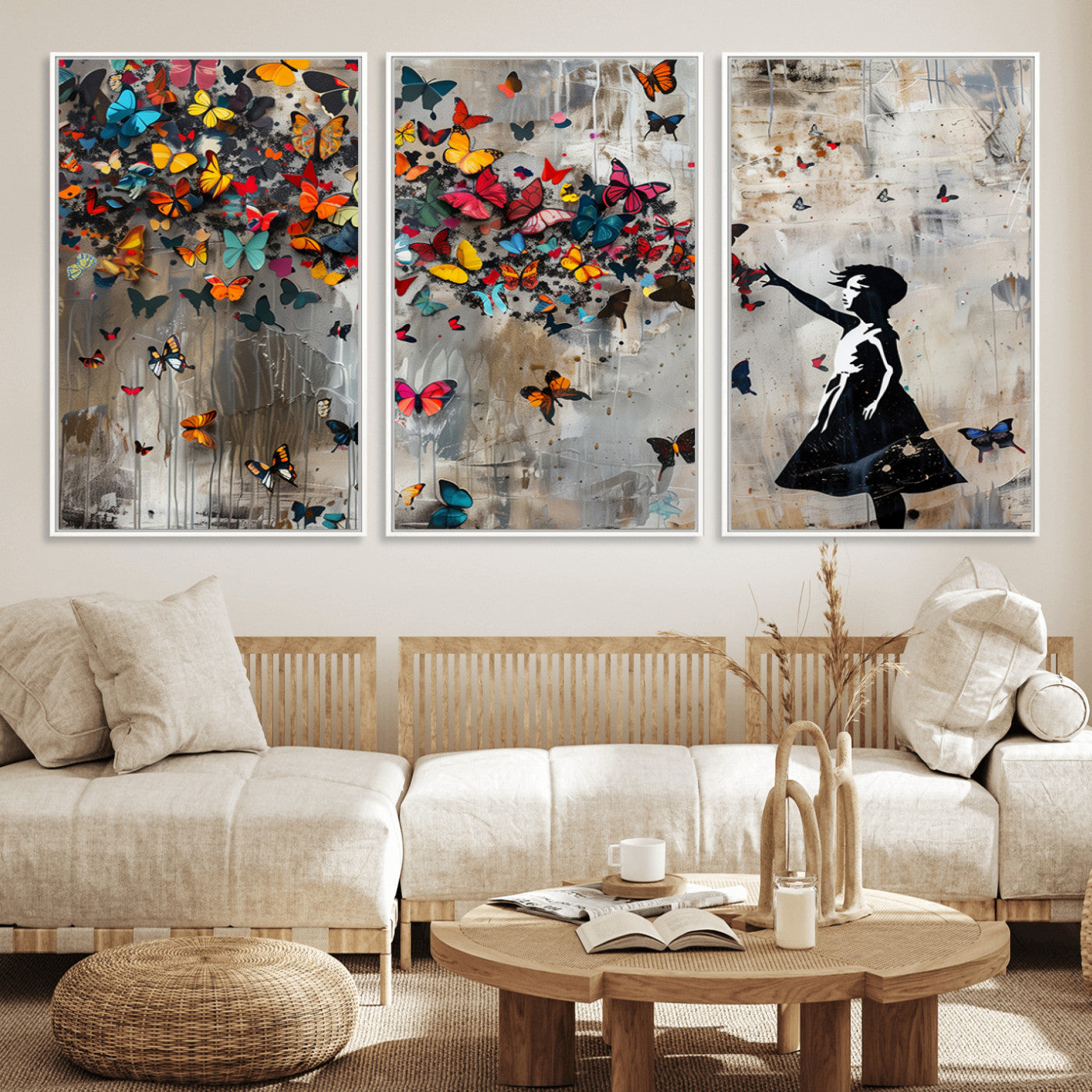 40269-MGV-CV-36X24 - Banksy Wall Art - Banksy Girl and Butterfly Explosion Wall Art Canvas Print | Girl with Butterflies
