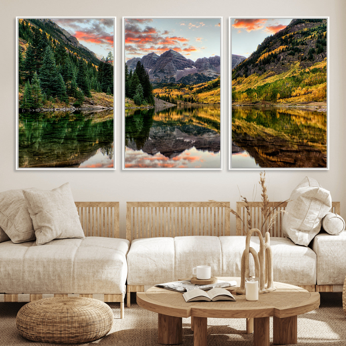 14376-MGV-FC-60X30-3P_White-Maroon Bells Wall Art - Scenic Canvas Print of Maroon Bells in Autumn for Elegant Home or Office