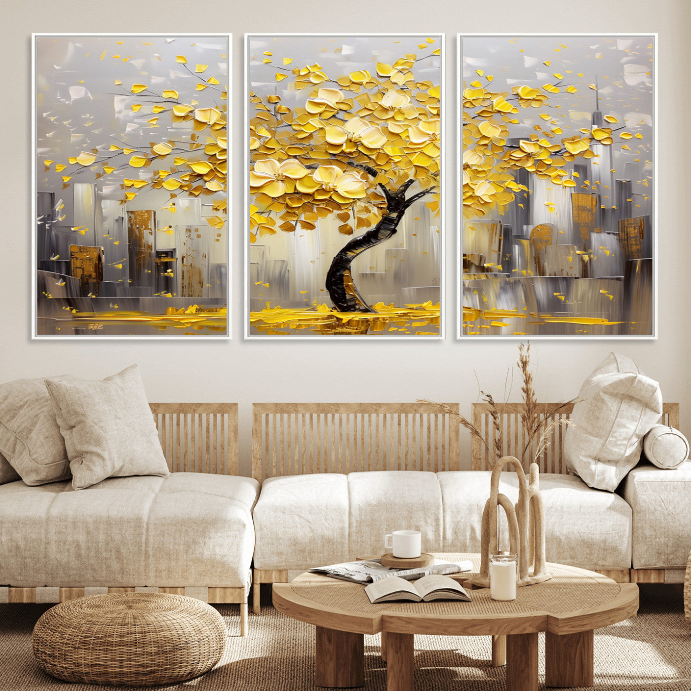 45538-MGV-FC-60X30-3P_White-Golden Tree Canvas Print | Abstract Wall Art for Modern Homes | Ready to Hang Framed Artwork