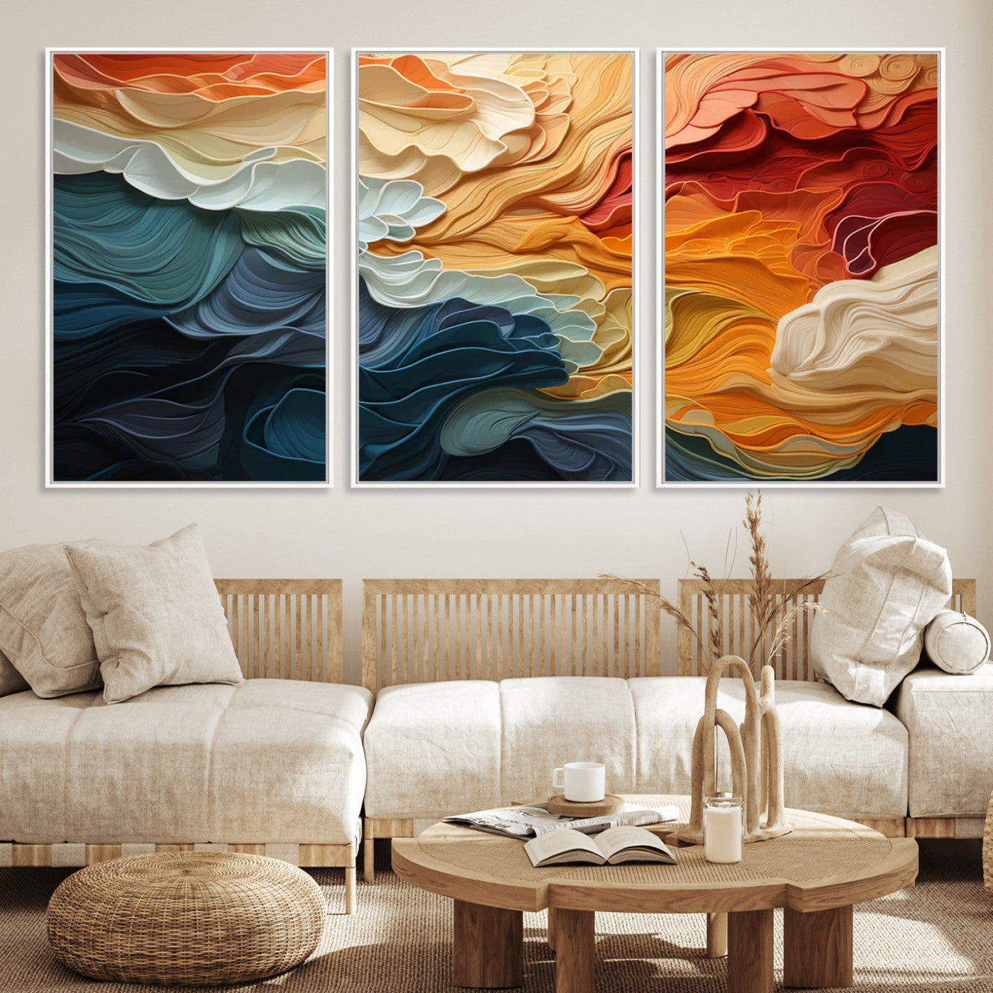 31634-MGV-FC-60X30-3P_White-Blue Orange Abstract Wave Wall Art Canvas Print, Framed Blue Orange Wave Wall Art