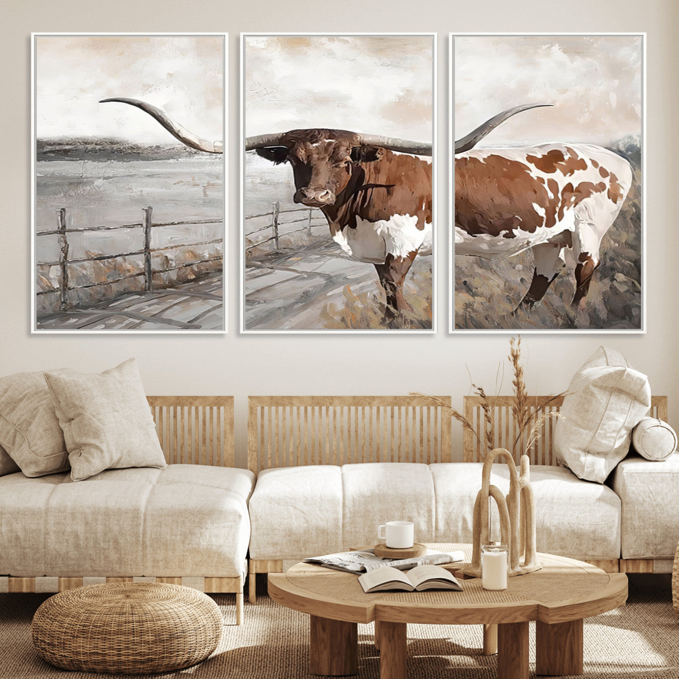 57340-MGV-FC-60X30-3P_White-Vintage Texas Cow Wall Art Canvas Print, Rustic Longhorn Wall Art | Canvas Print for Farmhouse Decor