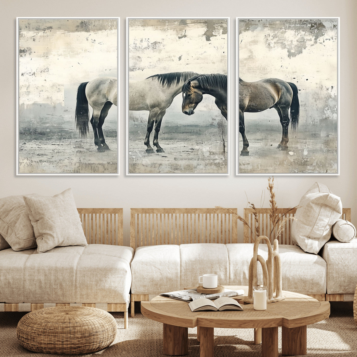 33288-MGV-FC-60X30-3P_White-Chines Style Majestic Horses Wall Art | Ready to Hang and Framed Triptych Print | Western Farmhouse