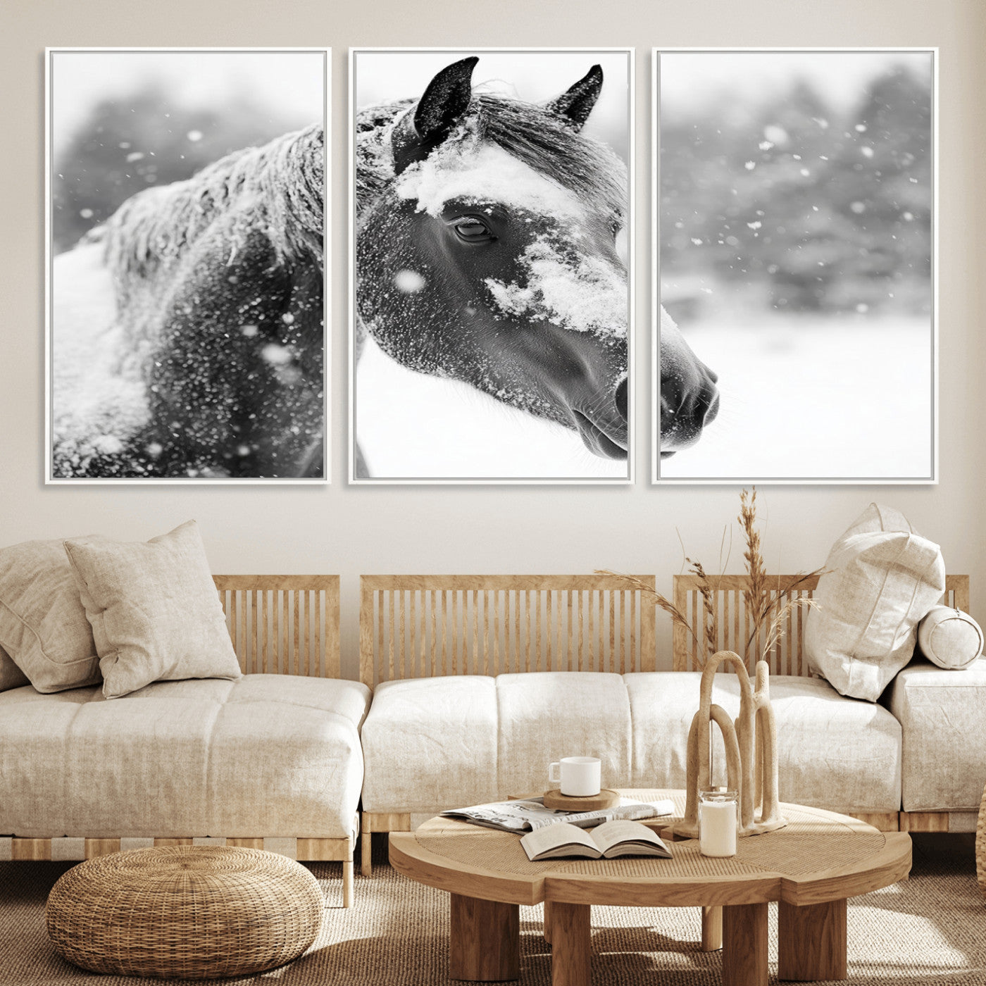 13358-MGV-CV-36X24-Black Horse Winter Wall Art | Ready to Hang and Framed | Farmhouse and Western Wall Decor for Living Room