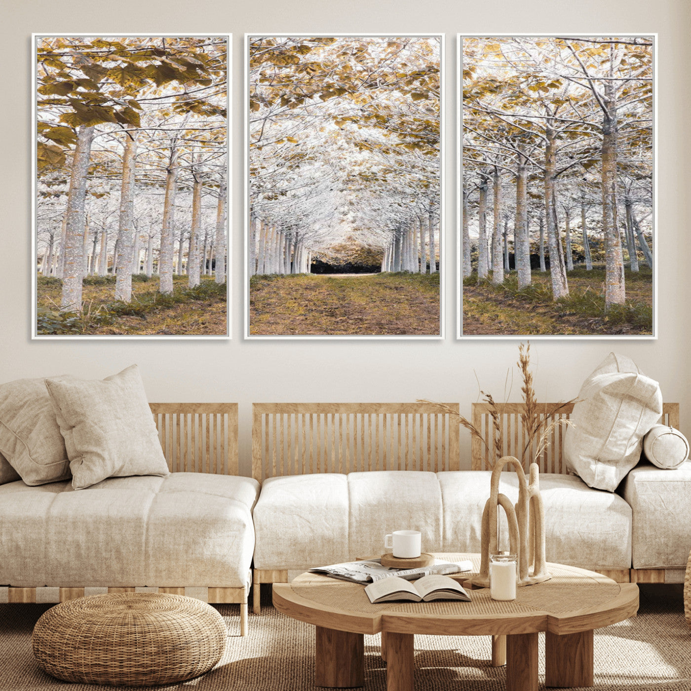 41104-MGV-FC-60X30-3P_White-Forest Grove Wall Art | Serene Pathway Canvas Print | Ready to Hang and Framed Nature Wall Decor for