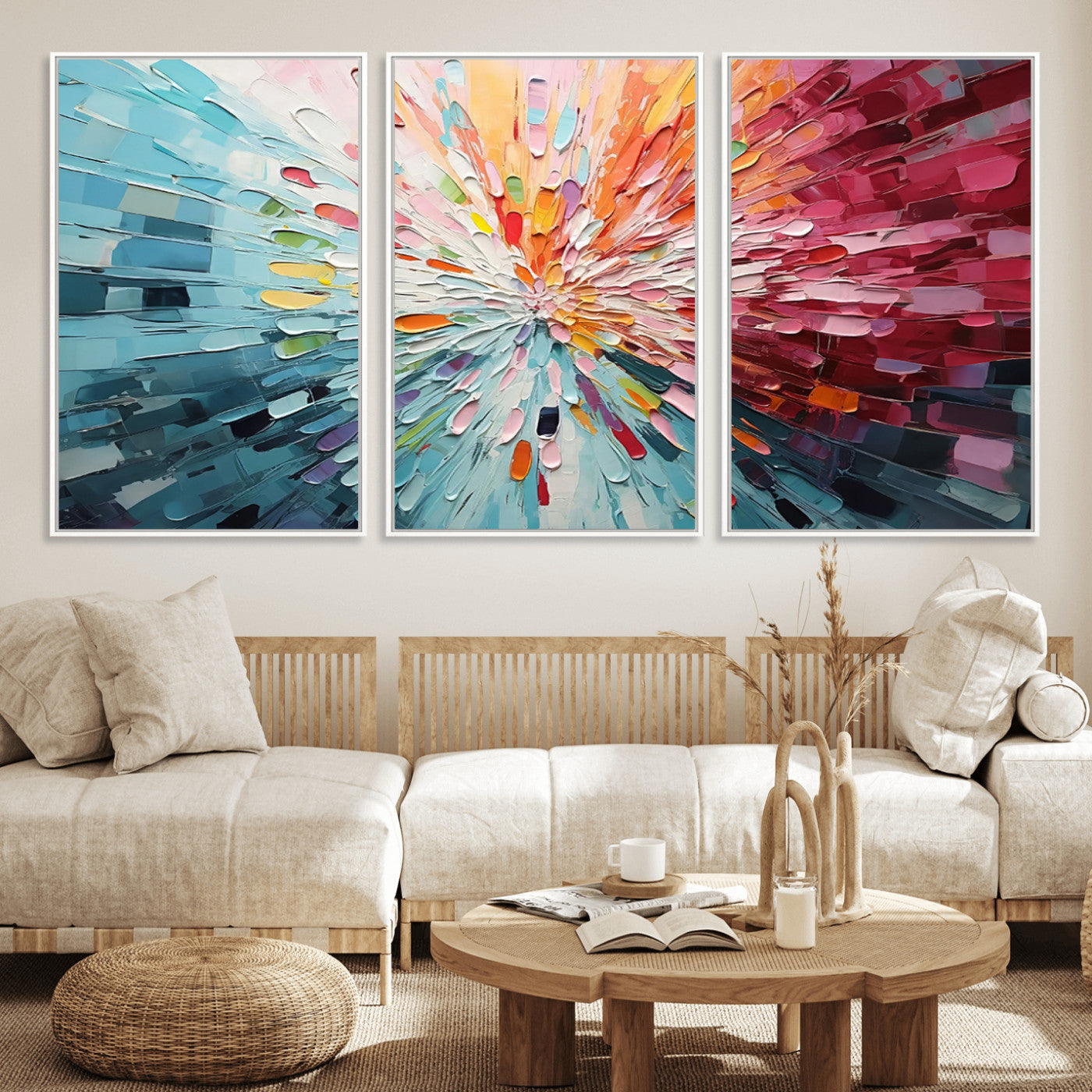 47065-MGV-FC-60X30-3P_White-Radiant Bloom Abstract Floral Wall Art Canvas Print - Colorful Burst - Modern Living Room Decor -