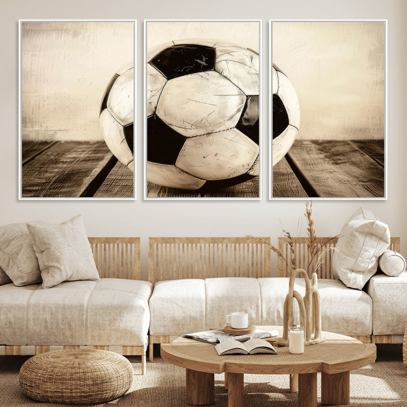 24319-MGV-FC-60X30-3P_White-Vintage Soccer Ball Wall Decor Canvas Art – 3-Panel Soccer Wall Decor, Framed and Ready to Hang