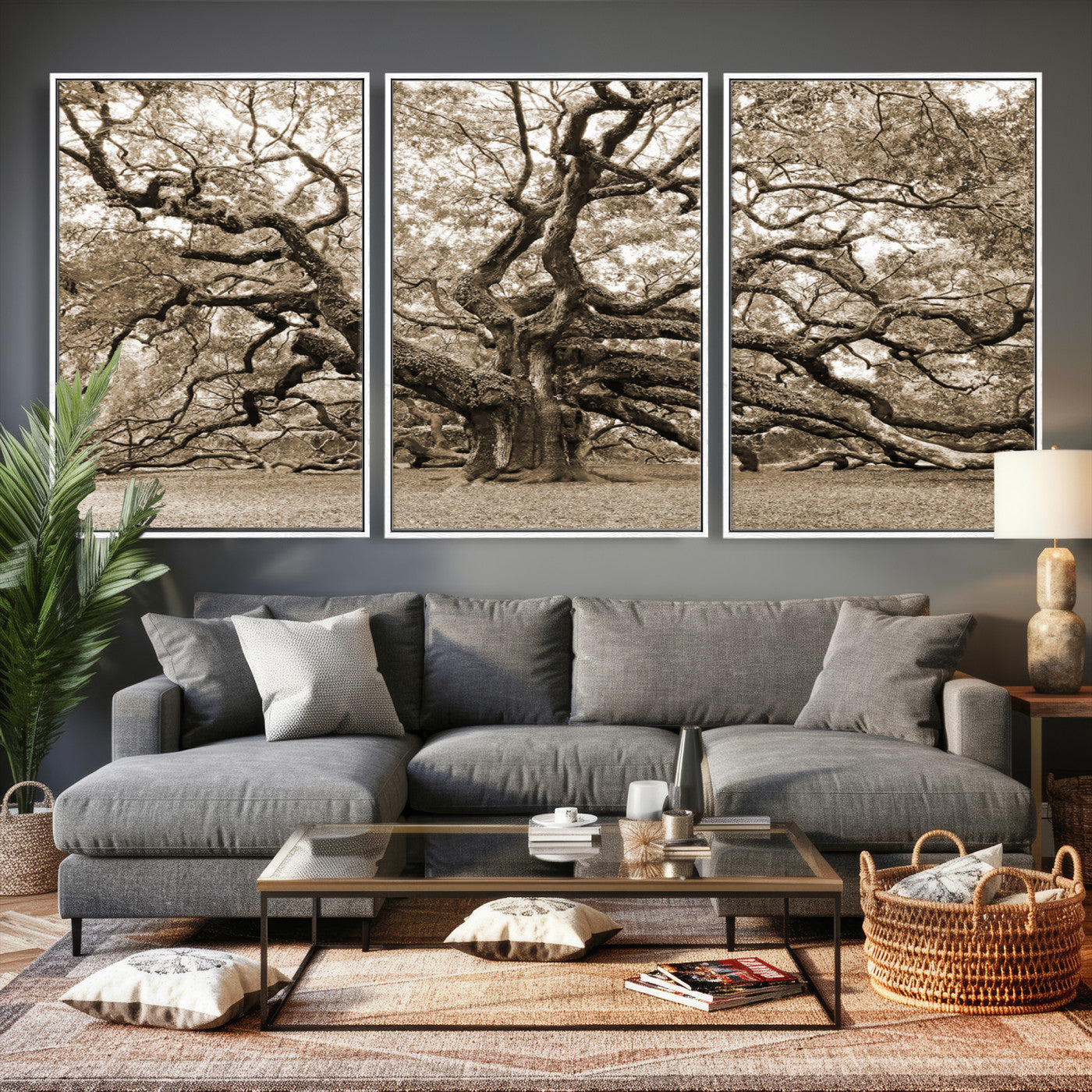 51126-MGV-CV-36X24 - Sepia Framed Angel Oak Tree Wall Art - 3-Panel Canvas Prints, Large Green Nature Artwork, Ready to