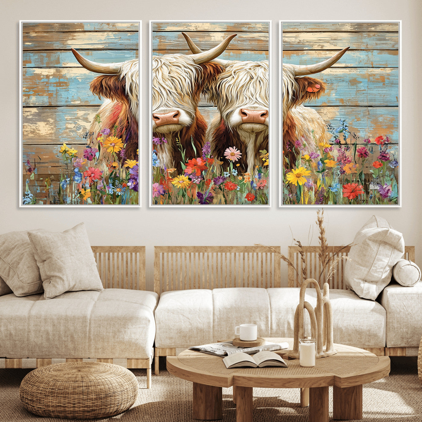 36972-MGV-FC-60X30-3P_White-Cute Highland Cow Canvas Wall Art - Rustic Farmhouse Decor with Colorful Flowers Perfect Wall Art