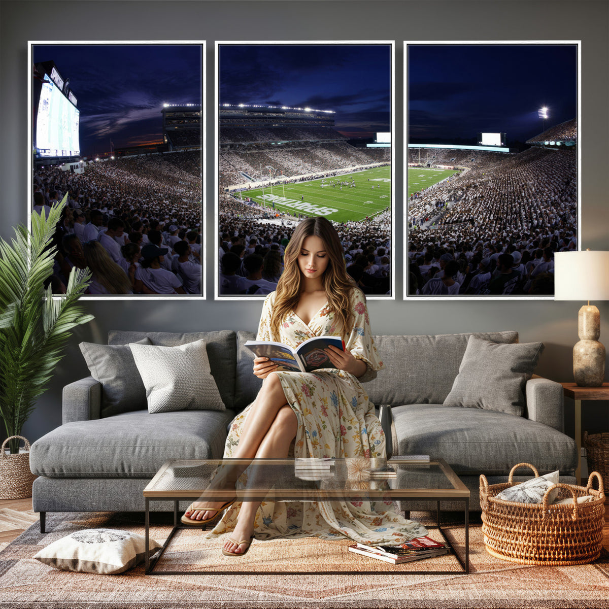 75193-PAN-FL-20X10 - Michigan State Spartans Canvas, Framed Football Team Print - East Lansing Spartan Stadium Wall Art
