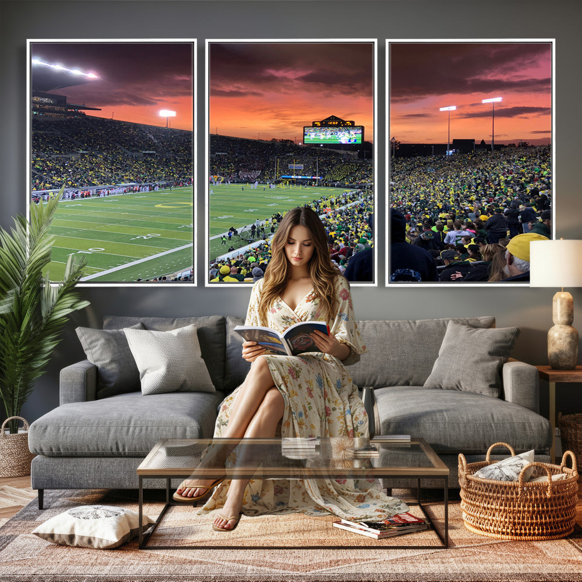 75065-PAN-FL-20X10 - Eugene Autzen Stadium Canvas Wall Art Print – Sunset Over Iconic Football Field Wall Decor for Home