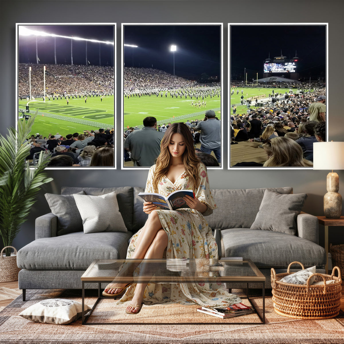 56796-PAN-FL-20X10 - Purdue University Boilermakers Football Team Print - West Lafayette Ross-Ade Stadium Wall Art Canvas