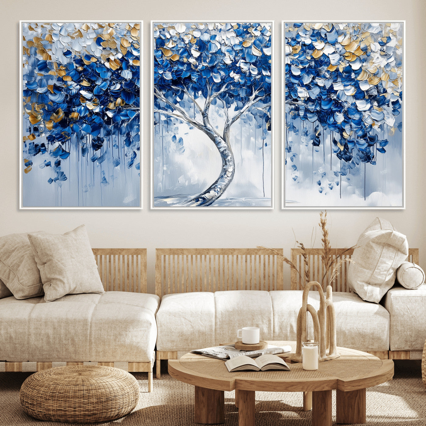 62350-MGV-FC-60X30-3P_White-Blue and Gold Abstract Tree Wall Art Canvas Print | Modern Tree of Life Painting | Framed Canvas