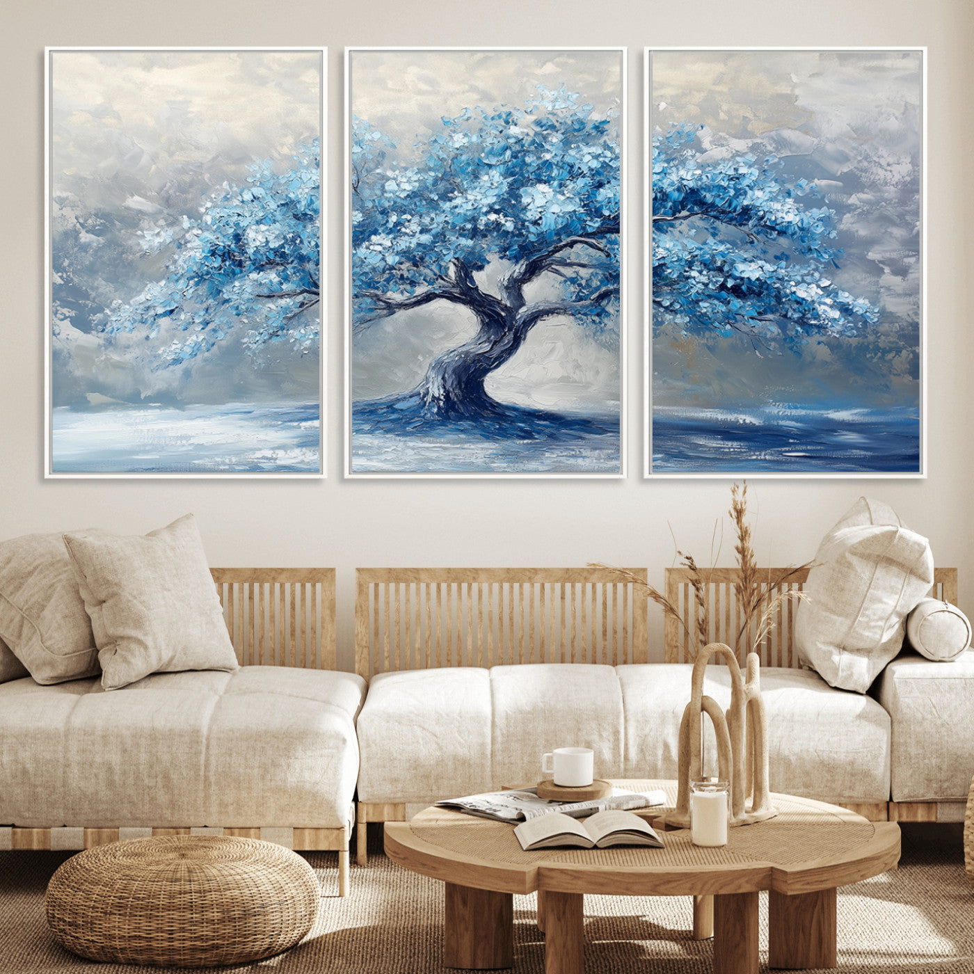 56105-MGV-FC-60X30-3P_White-Abstract Blue Tree Art Canvas Print, Majestic Tree Wall Art Print for Farmhouse Decor
