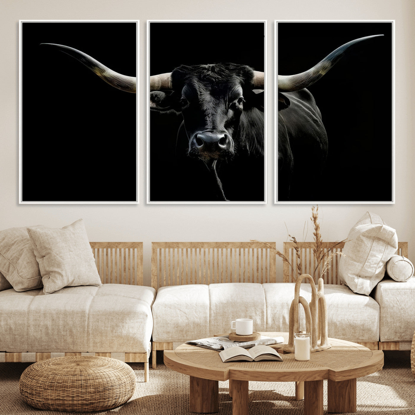 20679-MGV-FC-60X30-3P_White-Texas Black Longhorn Bull Wall Art Canvas Print - Western Texas Cattle Rustic Decor Print - Longhorn