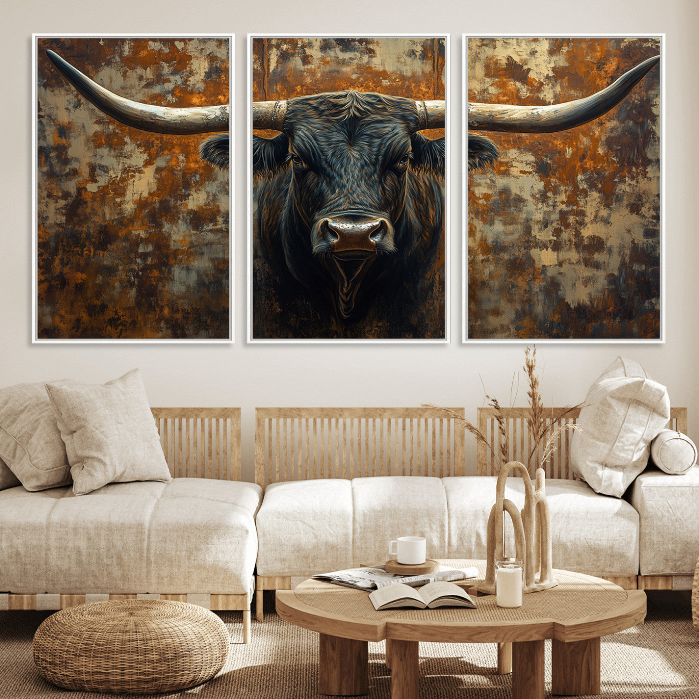 68068-MGV-FC-60X30-3P_White-Longhorn Texas Cow Bull Wall Art | Rustic Farmhouse Canvas Print | Ready to Hang Barn Decor for