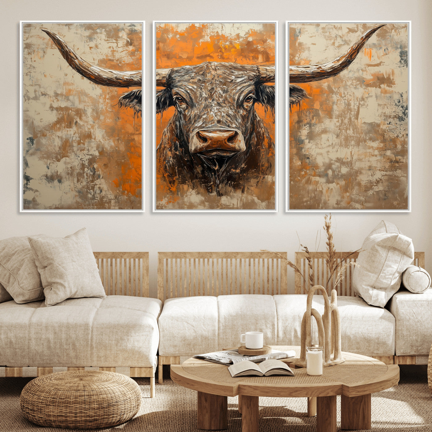 49976-MGV-FC-60X30-3P_White-Abstract Cow Longhorn Bull Wall Art Canvas Print - Rustic Texas Western Cattle Artwork