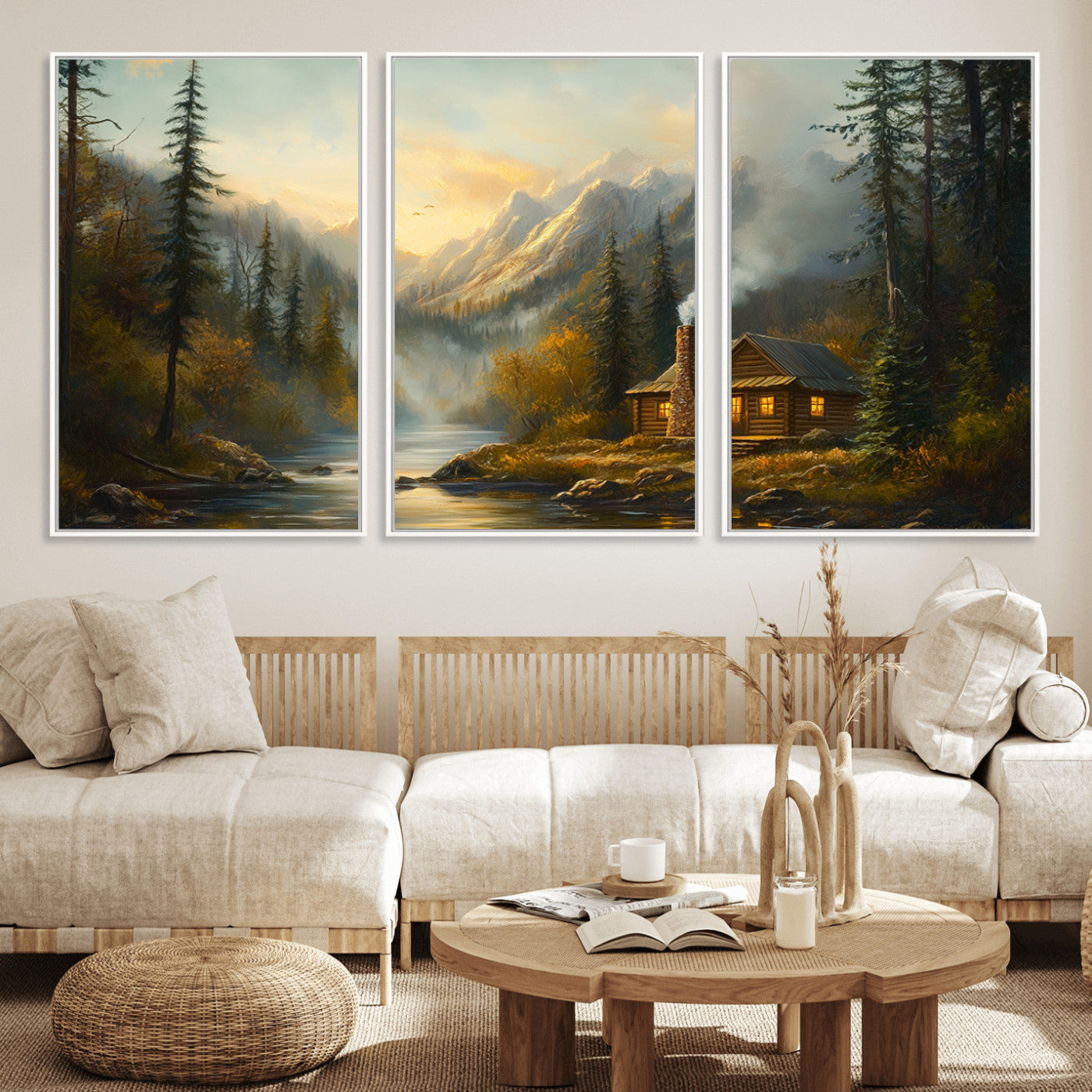 76464-MGV-FC-60X30-3P_White-Wood Cabin Retreat Mountain at Sunset Wall Art Print - Serene Forest and River Landscape Wall Art