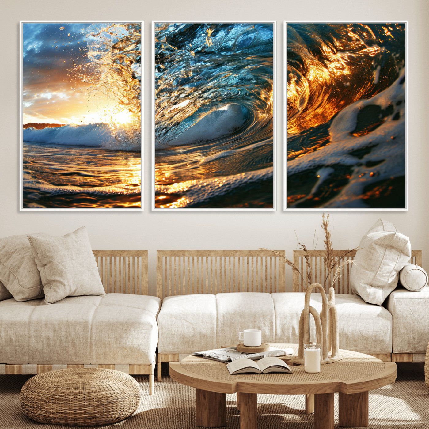 41370-MGV-FC-60X30-3P_White-Ocean Wave at Sunset Canvas Wall Art – Vibrant Coastal Beach Waves Print, Large Nautical Decor,