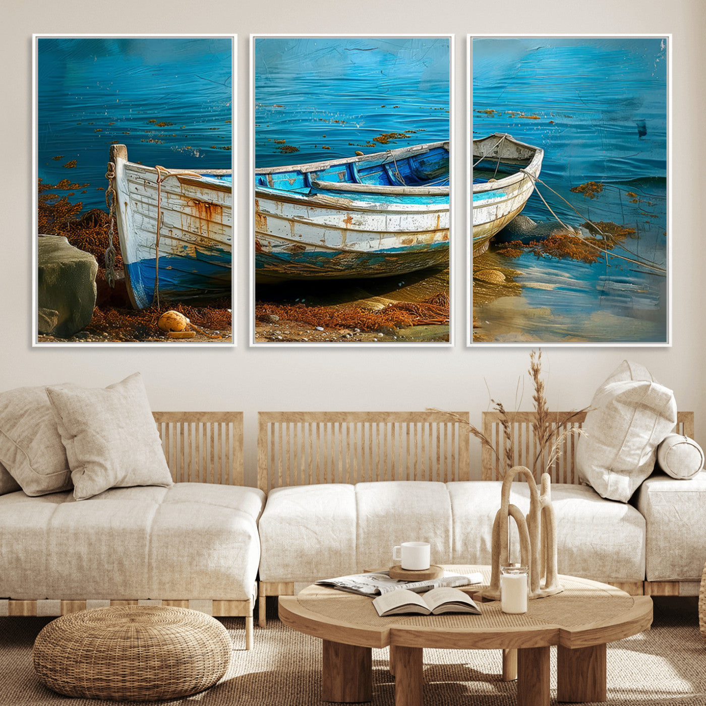54716-MGV-FC-60X30-3P_White-Vintage Boat on Tranquil Waters | Coastal Wall Art for Nautical Decor | Rustic Triptych Canvas Print