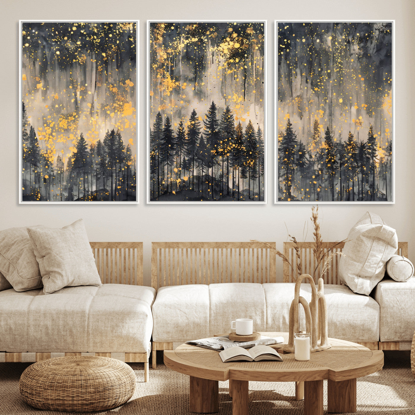 46049-MGV-FC-60X30-3P_White-Golden Forest Abstract Wall Art | Dark Forest with Gold Splatter Accents | Triptych Ready to Hang
