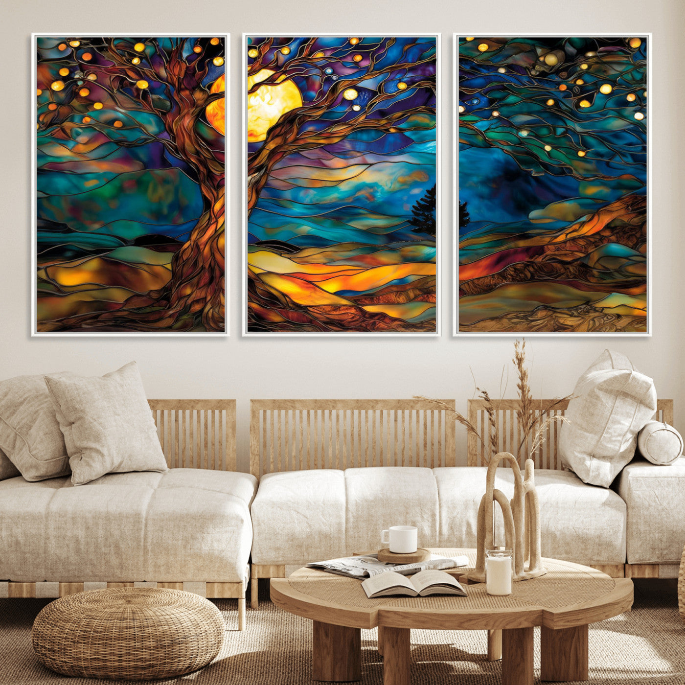 18319-MGV-FC-60X30-3P_White-Tree of Life Wall Art - Yggdrasil Tree of Life Canvas Print - Vibrant Moonlit Tree Wall Art, Tree