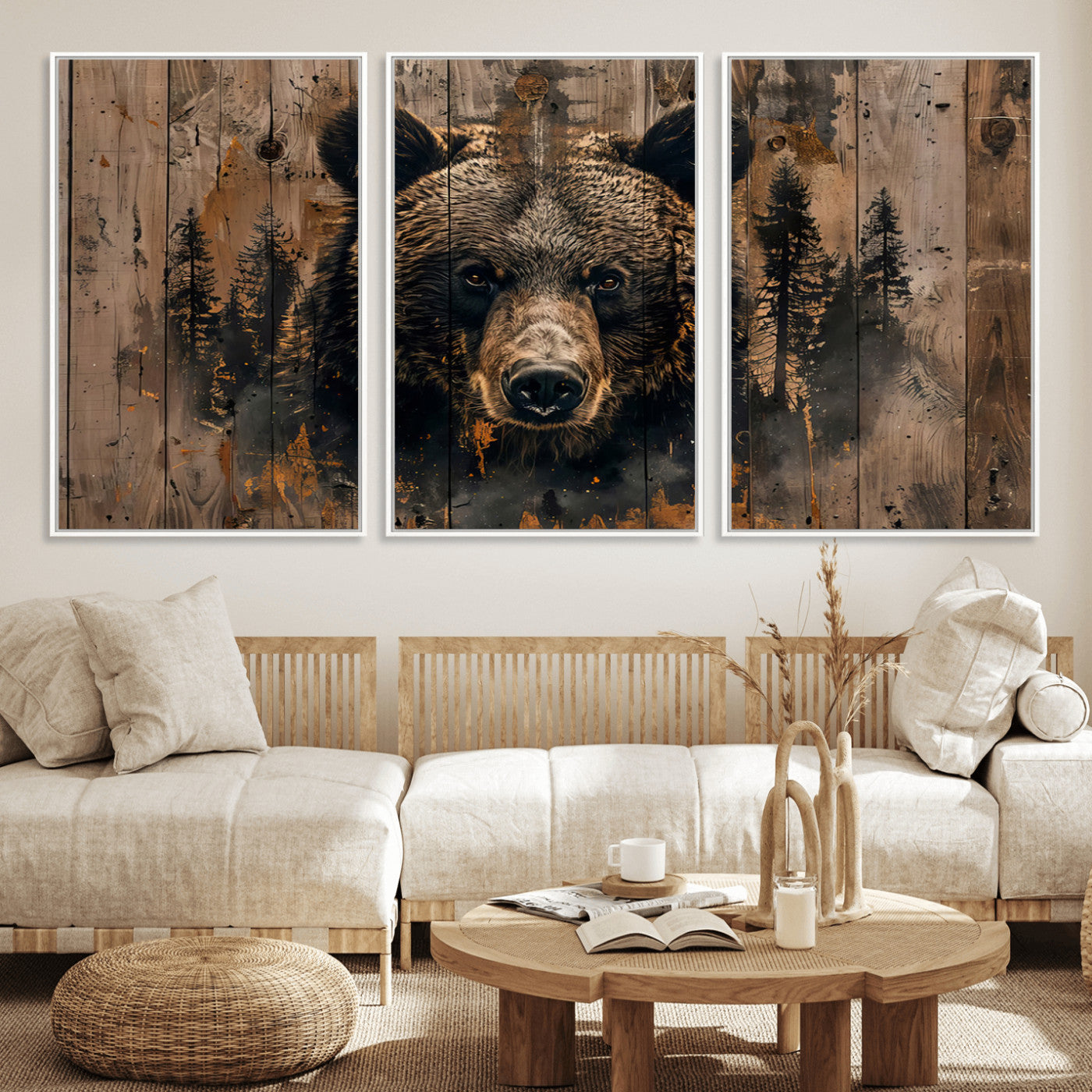 76998-MGV-FC-60X30-3P_White-Rustic Grizzly 399 Wall Art | Triptych Canvas Print | Rustic Cabin Wall Decor | Perfect for