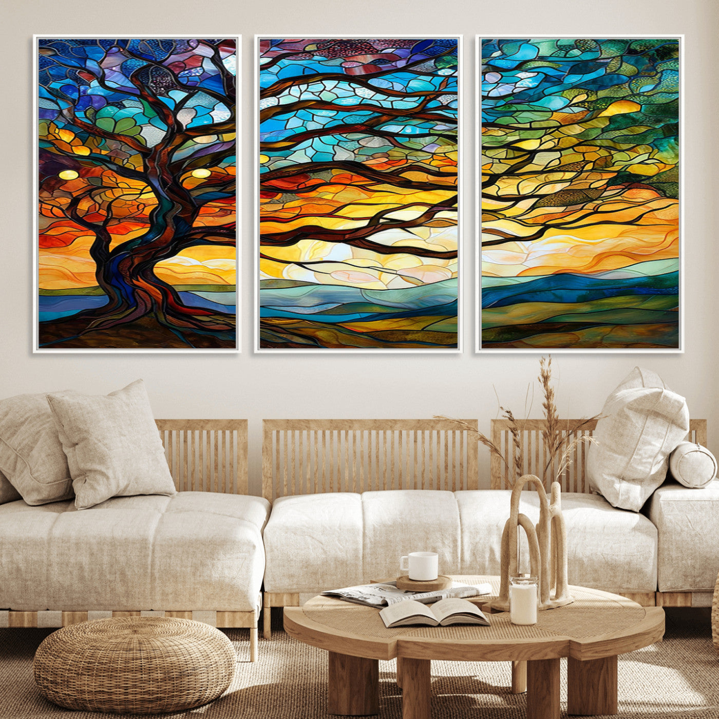 64765-MGV-FC-60X30-3P_White-Mosaic Tree Wall Art | Ready to Hang Stained Glass Style Canvas Print | Farmhouse Wall Decor, Cabin