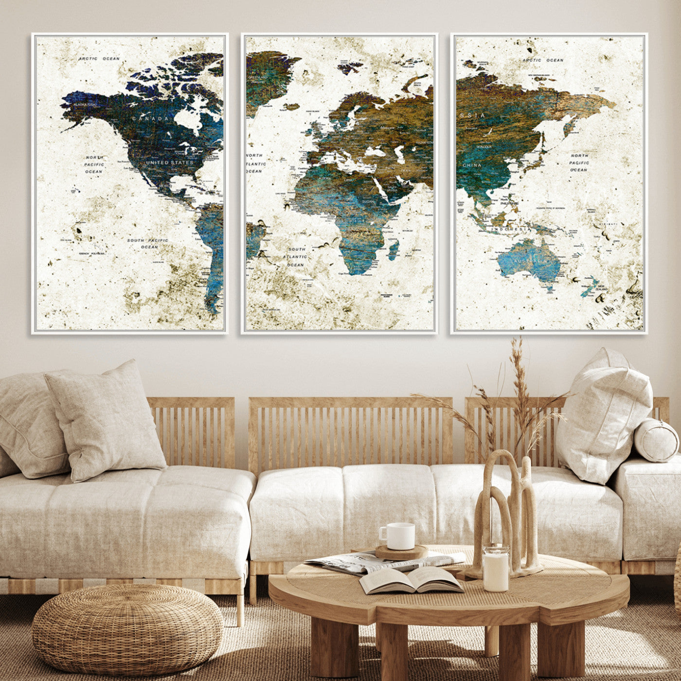 89176-MGV-FC-60X30-3P_White-Vintage Blue and Brown World Map Canvas Wall Art – Framed Rustic Map Print, Earth Tone Travel Decor for Stylish Home and Office Walls