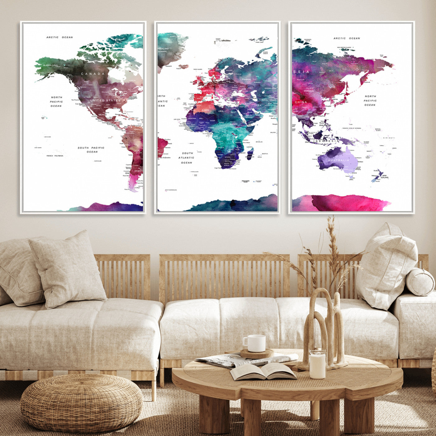 78176-MGV-FC-60X30-3P_White-Colorful Watercolor World Map Canvas Wall Art – Framed Modern Map Print, Vibrant Travel Inspired Artwork for Home and Office Decor