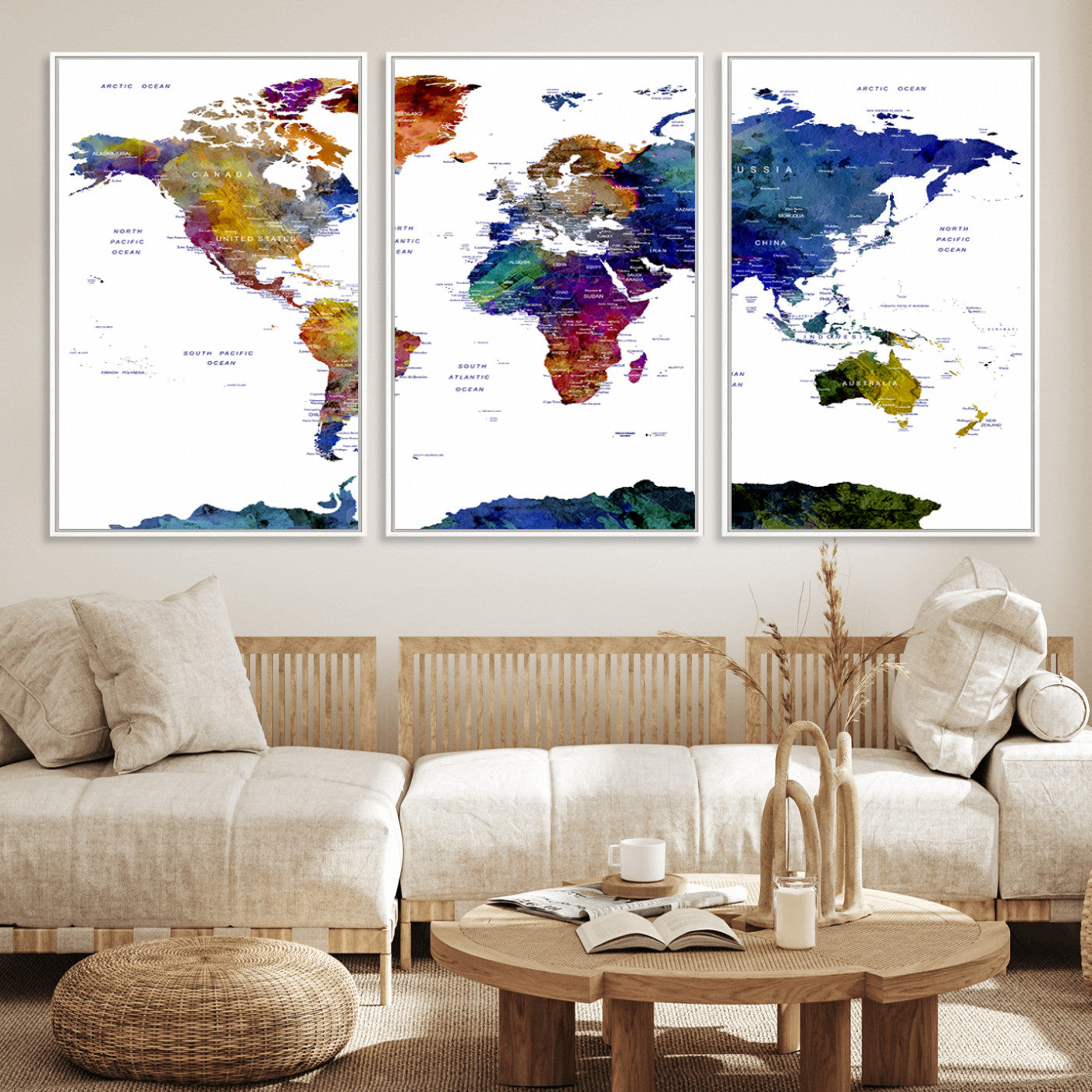 90446-MGV-FC-60X30-3P_White-Colorful Watercolor World Map Canvas Wall Art – Framed Modern Push Pin Travel Map for Home and Office Decor