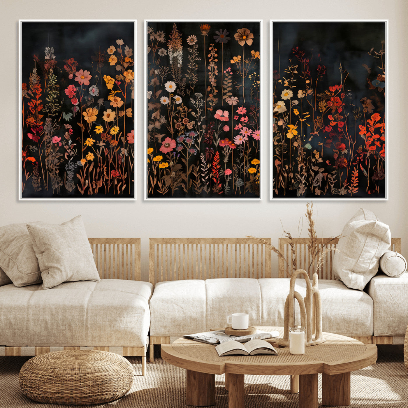 AbstFLF-MGV-FC-60X30-3P_White-Large Floral Painting Print Illustration Flowers Canvas Wall Art Botanical Wall Decor Modern