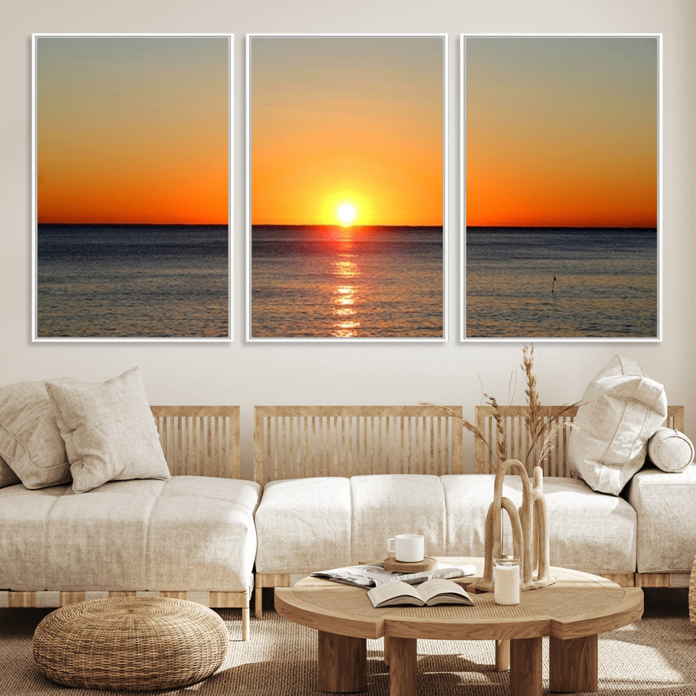 54676-MGV-FC-60X30-3P_White-Golden Horizon Sunset Over Ocean Wall Art Canvas Print – Tropical Beach Canvas Wall Art – Giclee