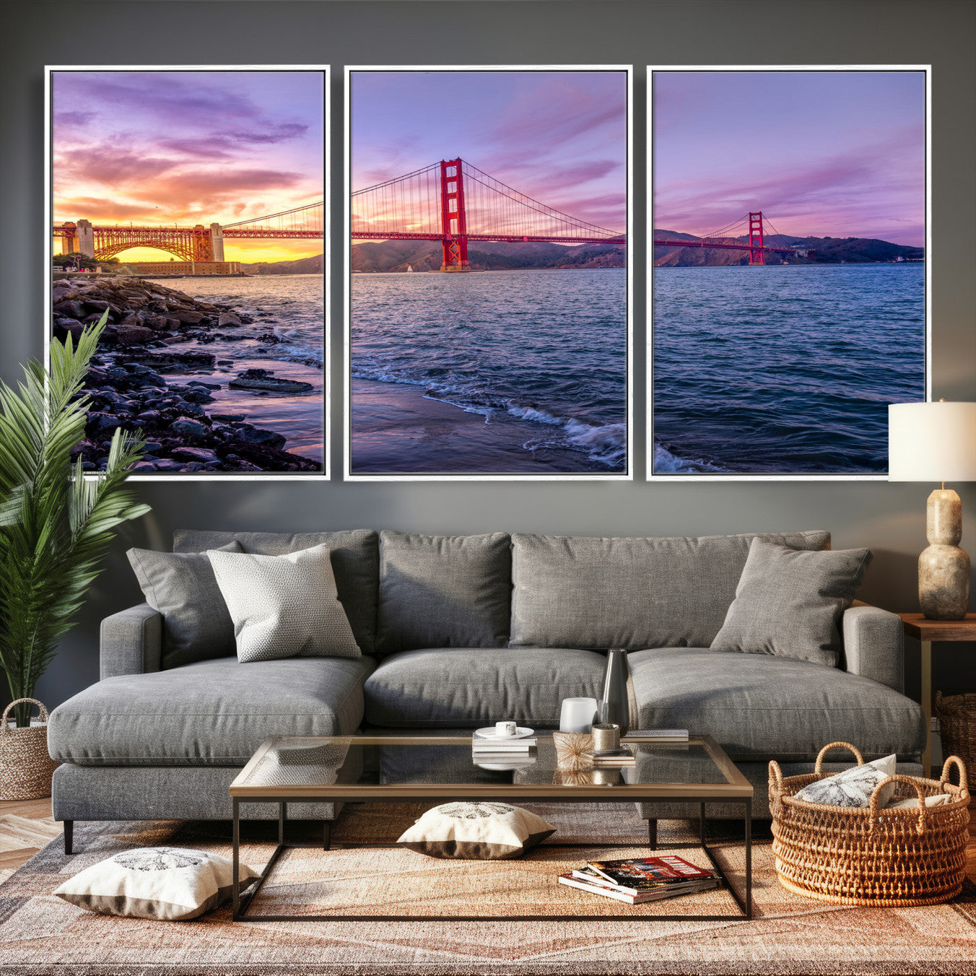 24256-MGV-CV-36X24 - Golden Gate Bridge Wall Art Print, San Francisco Sunset Canvas Wall Art, Cityscape Canvas Print for