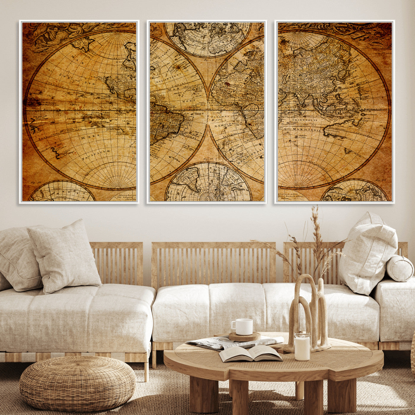 25517-MGV-FC-60X30-3P - Vintage World Map Canvas Print – Antique Push Pin Travel Map, Framed Wall Art for Home or Office Decor