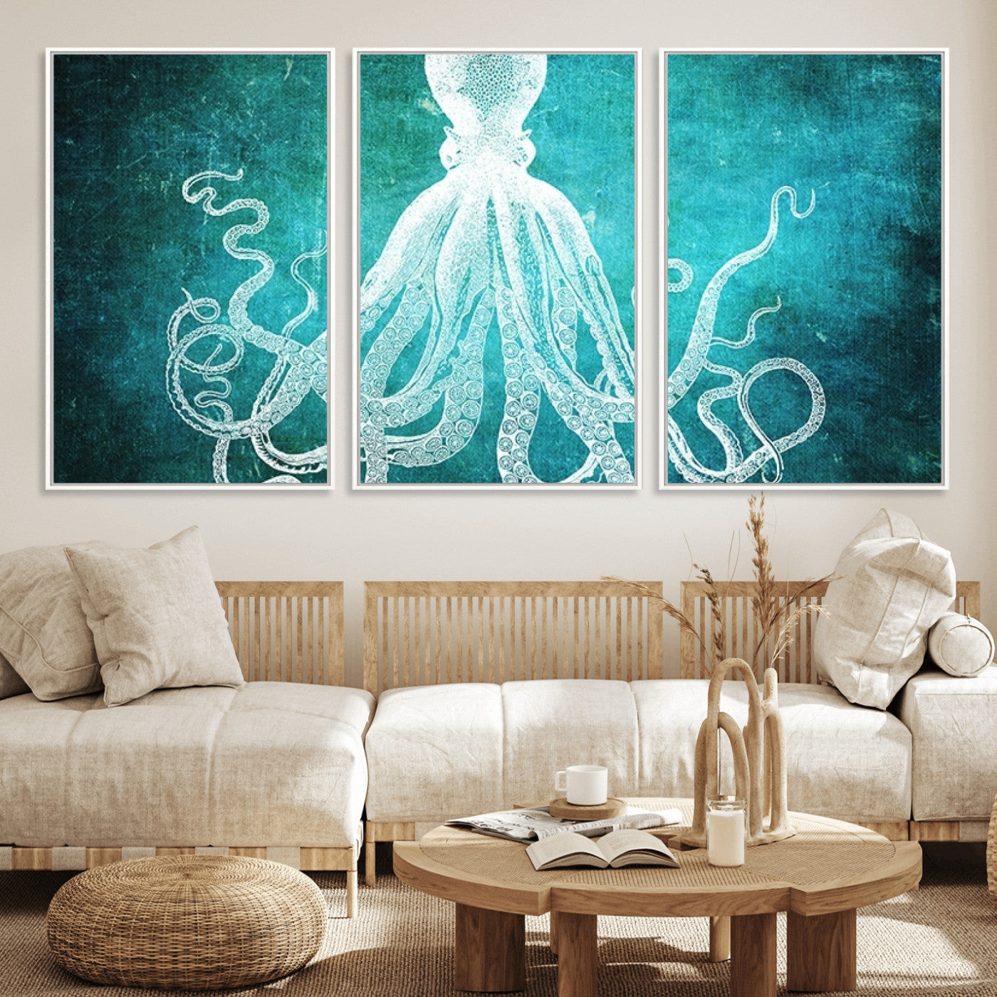 20773-MGV-FC-60X30-3P_White-Green Octopus Abstract Wall Art Canvas Print