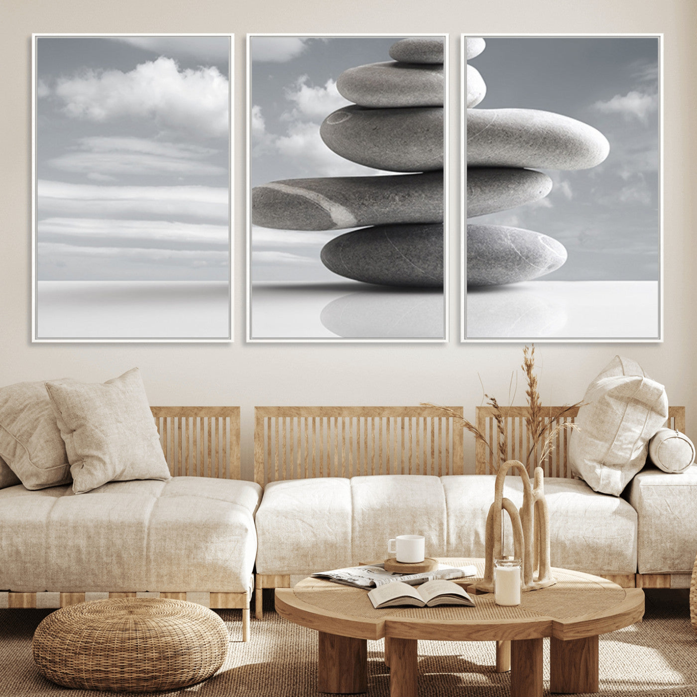 14496-MGV-FC-60X30-3P_White-Still Life Black and White Zen Stones Wall Art Canvas, Framed Black and White Zen Stones Canvas