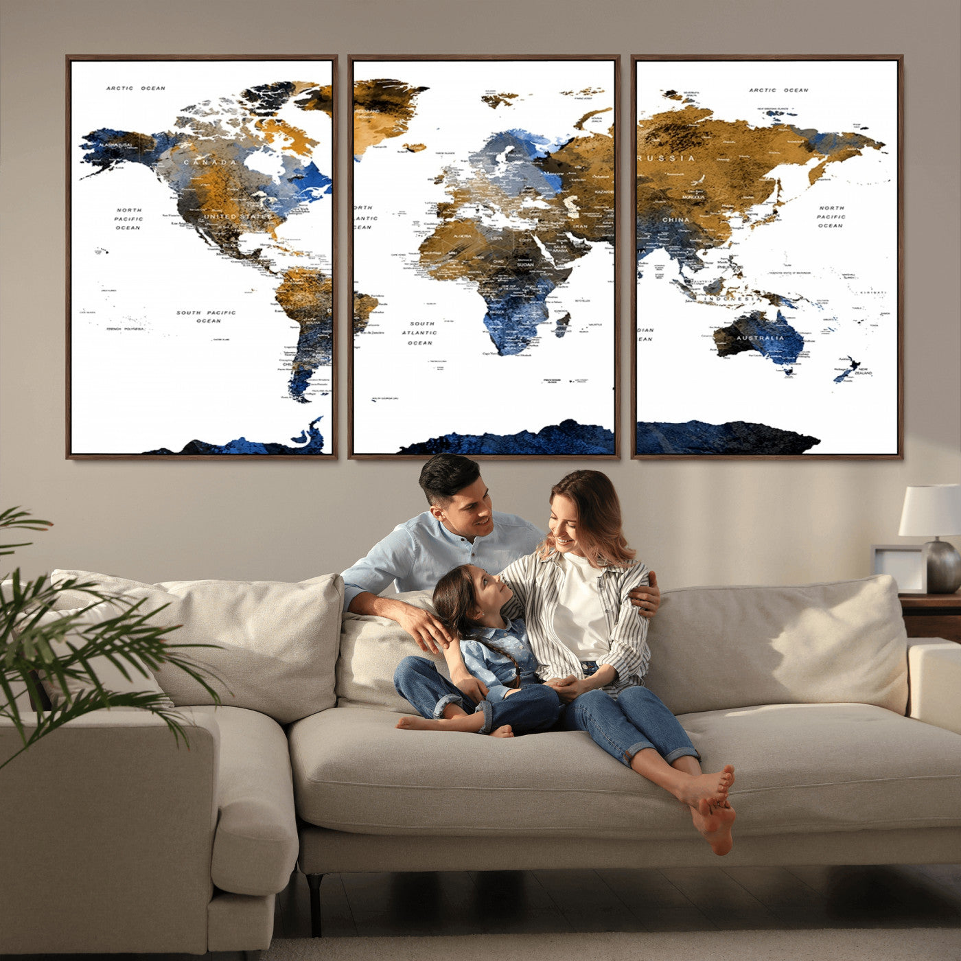 56231-MGV-CV-36X24-Navy and Gold World Map Canvas Wall Art – Framed Modern World Map Print, Elegant Travel Inspired Artwork for Home and Office Decor