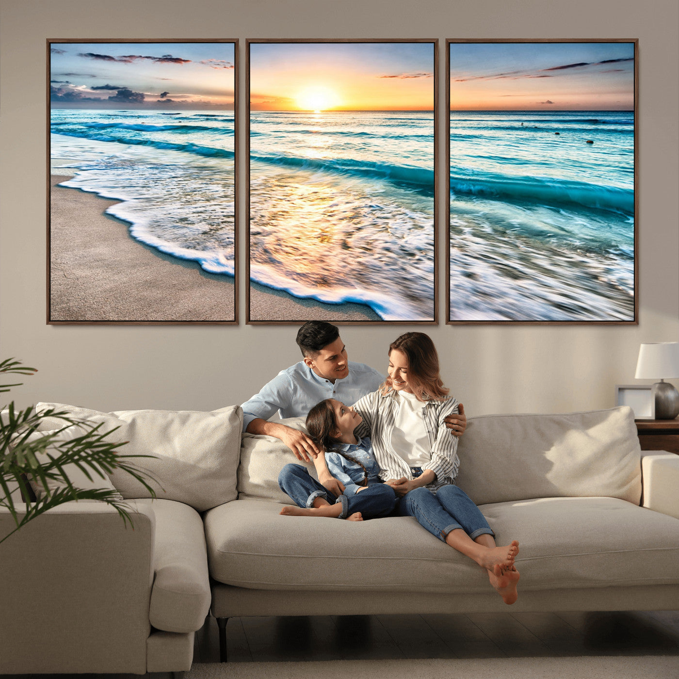-Sunset Beach Waves Canvas Wall Art – 5-Panel Ocean Sunset Print – Coastal Decor for Living Room or