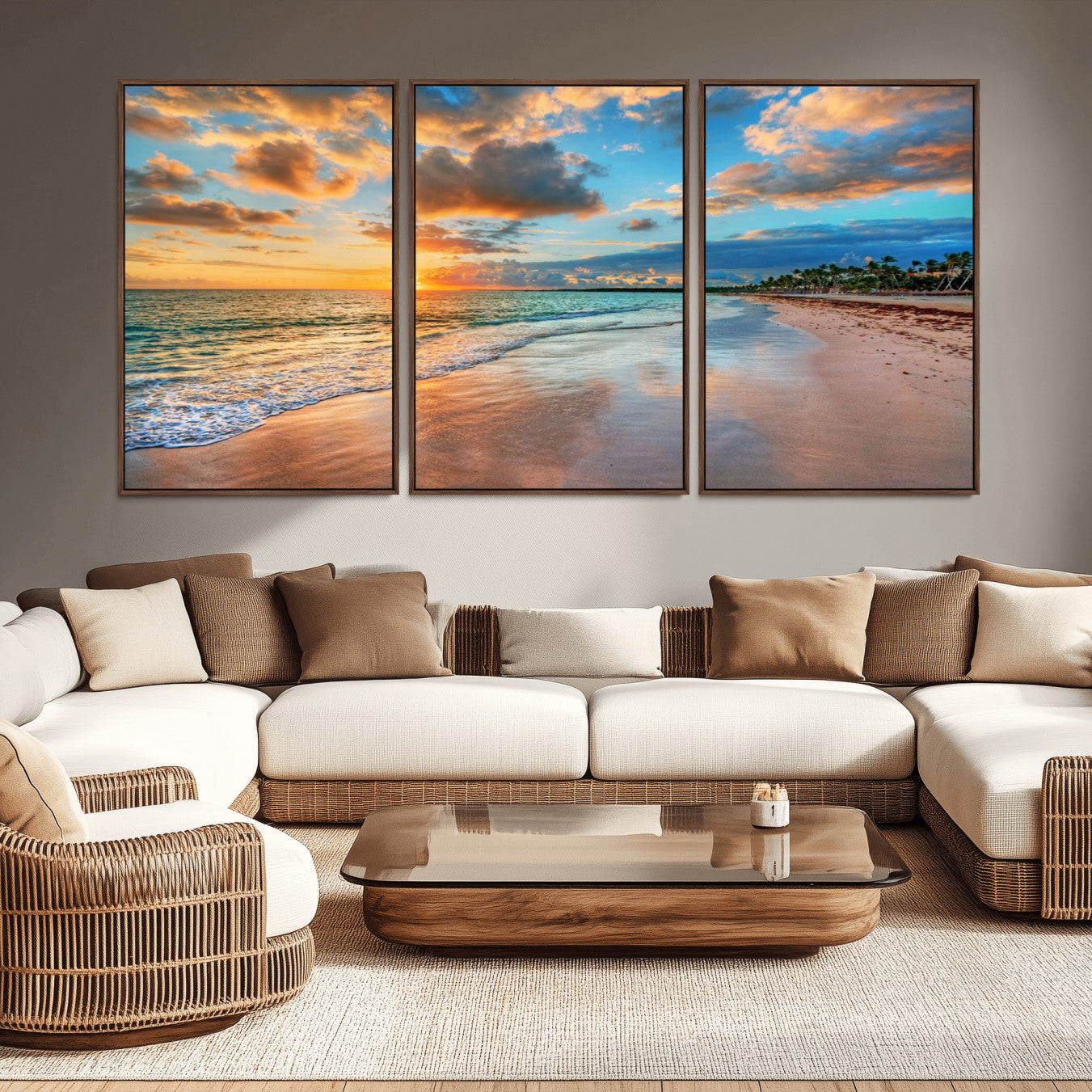 -Sunset Ocean Waves on Tropical Beach, 3-Panel Giclee Canvas Art for Coastal Home Decor, Framed