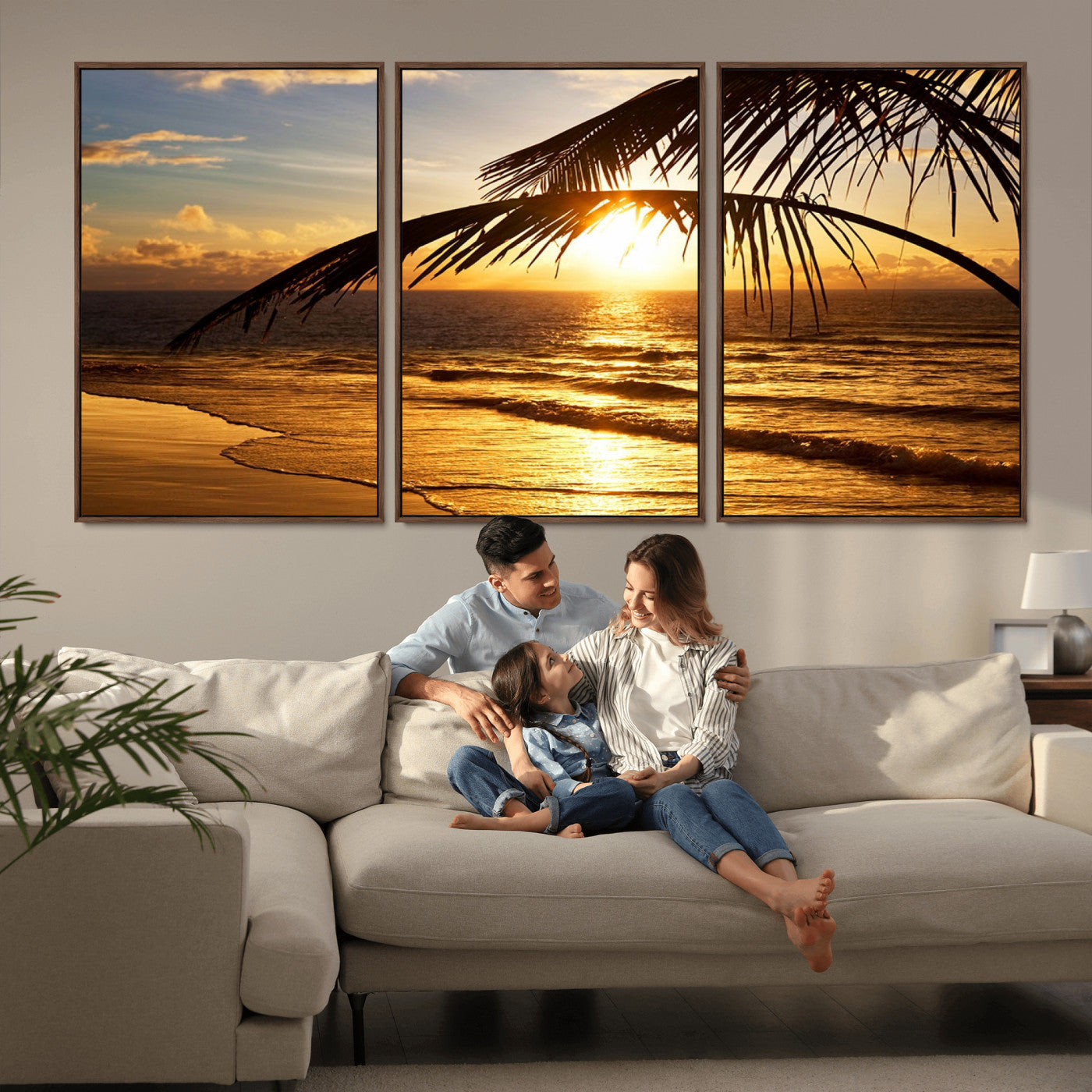 -Golden Tropical Beach Sunset Canvas Triptych, Coastal Palm Tree Wall Art, Ocean Shoreline Giclee