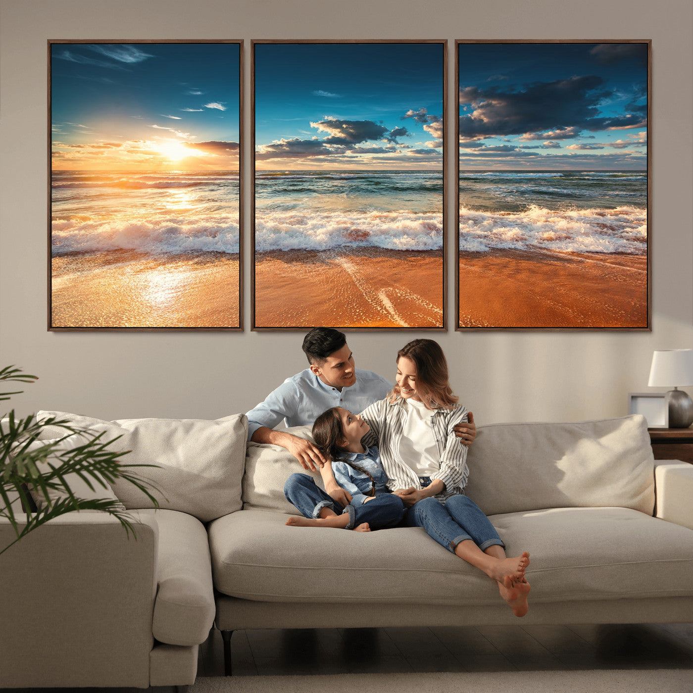 -Golden Sunset Beach Triptych Canvas Art, Giclee Coastal Wall Decor, Ocean Waves Print, Modern Beach