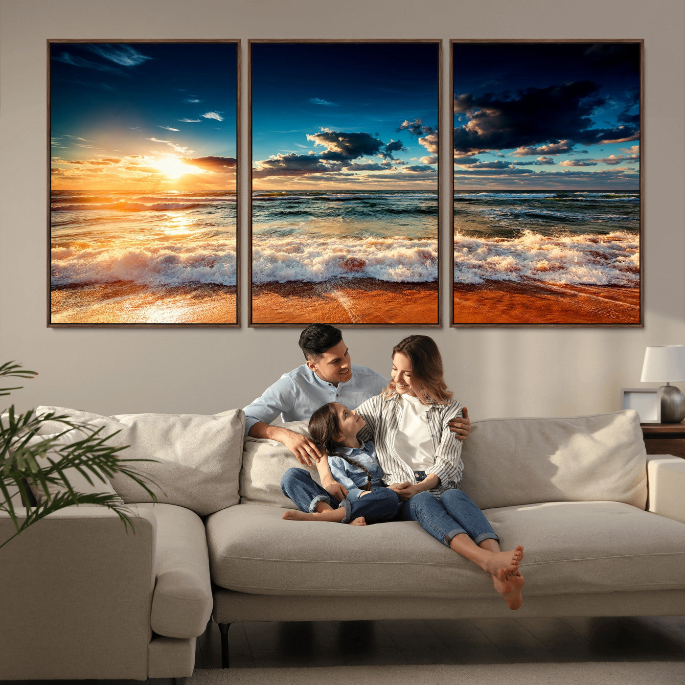 -Golden Hour Sunset Over Ocean Waves Wall Art Canvas Print | 3 Panel Coastal Landscape Canvas Wall