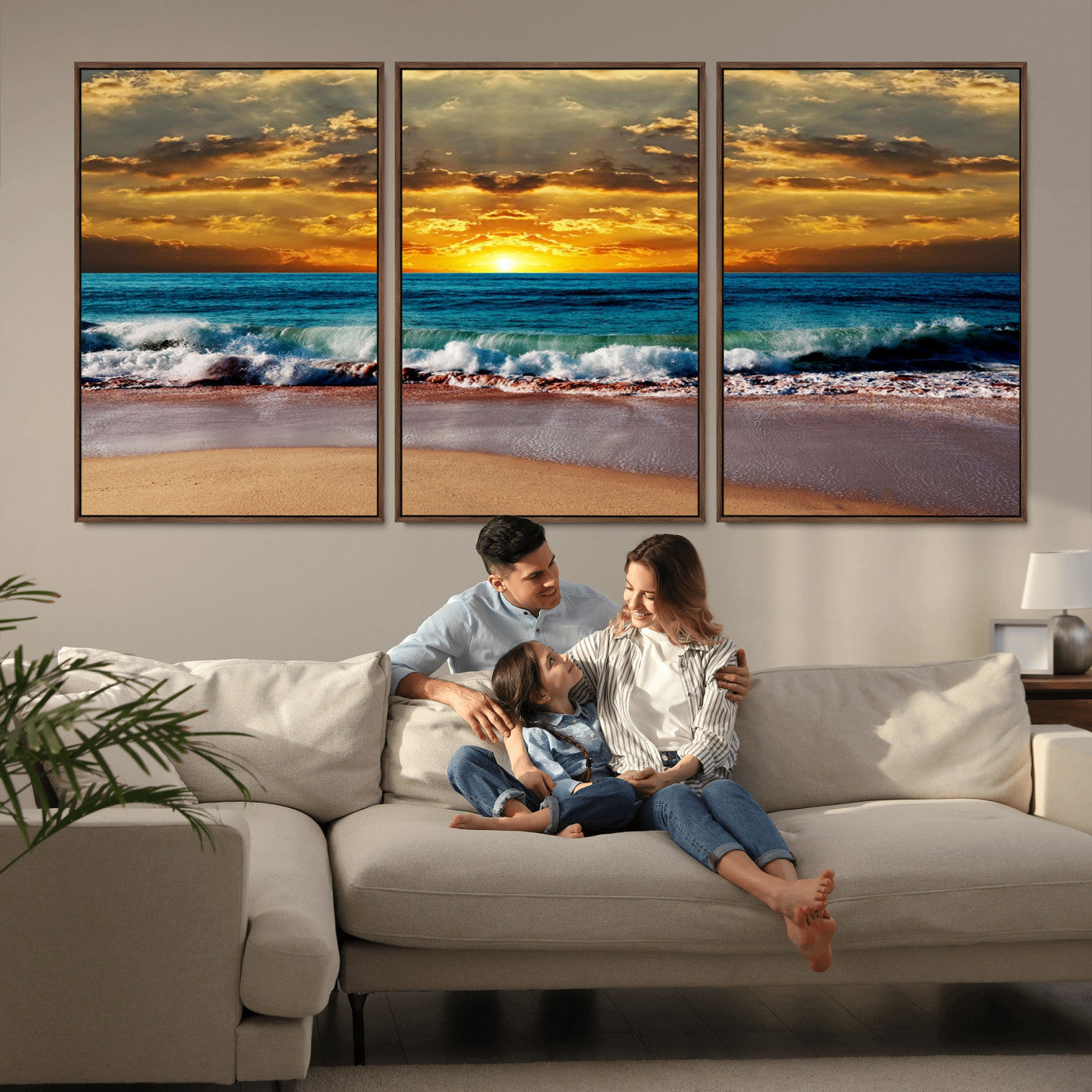 -Ocean Sunrise Over Golden Beach Waves, Giclee Canvas Wall Art Set, High-Quality Stretched Canvas