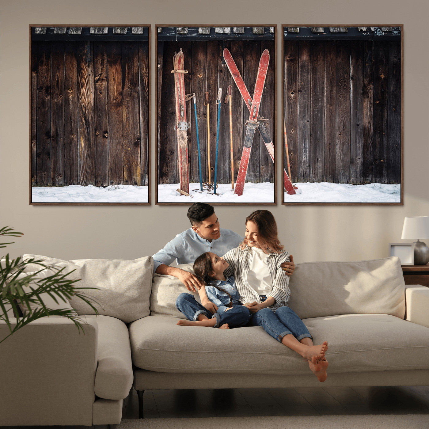 -Vintage Ski Gear Canvas Print, Vintage Ski Gear Against Wooden Cabin Wall, Rustic Winter Sports
